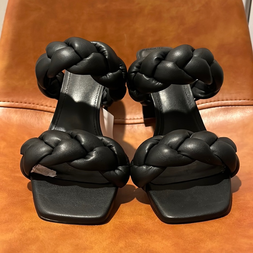 NWT faux leather braided heeled mules